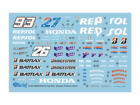 ブルースタッフ BS 12-044 1/12 ホンダ RC213V Test 2014 - マルケス / ペドロサ / ストーナー - 1/12デカール タミヤ14130用