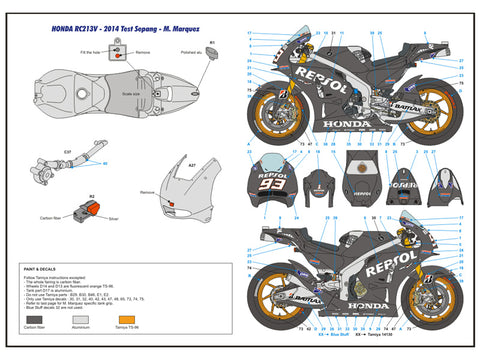 ブルースタッフ BS 12-044 1/12 ホンダ RC213V Test 2014 - マルケス / ペドロサ / ストーナー - 1/12デカール タミヤ14130用