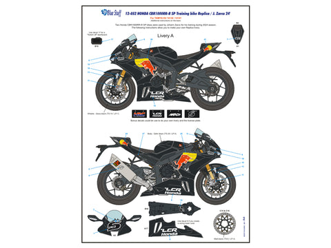 ブルースタッフ BS 12-052 1/12 ホンダ CBR1000RR-R SP - トレーニングバイク レプリカ / ヨハン・ザルコ 24' - 1/12デカール タミヤ14138 / 14141用