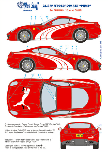 ブルースタッフ BS 24-012 1/24 フェラーリ 599GTB "プーマ" - 1/24デカール フジミRS-50 / 12227 / 12309用