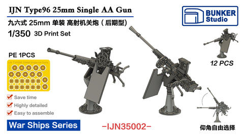 バンカースタジオ IJN35002 1/350 WWII 日本海軍 九六式25mm単装機銃(後期型)防楯付き(12基入り)