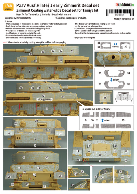 DEFモデル DD48002 1/48 WWII IV号戦車 H型(後期)/ J型(前期)用 ツィンメリット・デカールセット(タミヤ 1/35スケール)