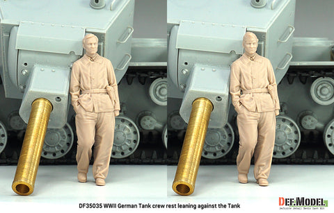 DEFモデル DF35035 1/35 WWII ドイツ軍戦車兵、ティーガーIの前で寄りかかって休息中(フィギュア1体、頭部2種)