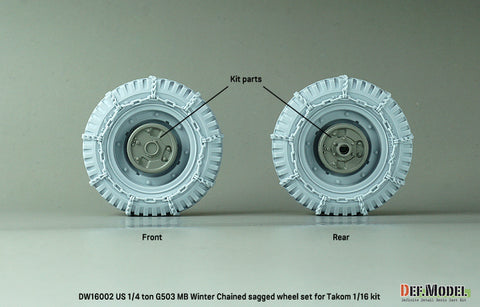 DEFモデル DW16002 1/16 1/4トン 4x4 G503 MB用 冬季チェーン装着・自重変形ホイールセット(タコム 1/16スケール用)