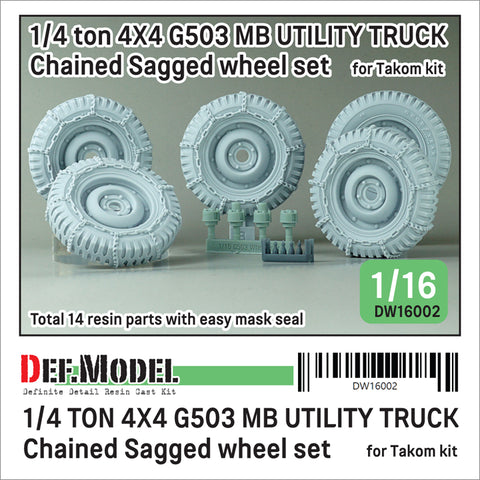 DEFモデル DW16002 1/16 1/4トン 4x4 G503 MB用 冬季チェーン装着・自重変形ホイールセット(タコム 1/16スケール用)
