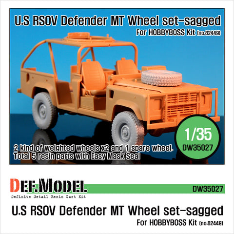 DEFモデル DW35027 1/35 現用 アメリカ RSOV(レンジャー特殊車両)ランドローバー・ディフェンダー 自重変形タイヤセット(MT(泥濘地用タイヤ))(ホビーボス 82449用)(2種各2個+スペアタイヤ1個入り,マスキングシール付き)