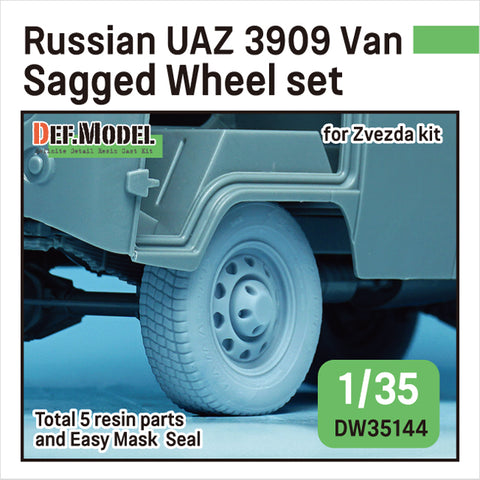 DEFモデル DW35144 1/35 現用 ロシア UAZ-3909 ワンボックスバン 自重変形タイヤセット(民生タイプ)(ズベズダ用)(3種計4個+スペアタイヤ1個入り,マスキングシール付き)