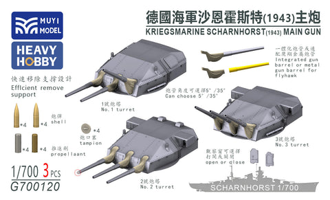 MUYIモデル G700120 1/700 ドイツ海軍シャルンホルスト(1943) 主砲