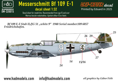HADモデル DW-32015 1/32 メッサーシュミット BF 109 E-1 (ホワイト9) デカールシート