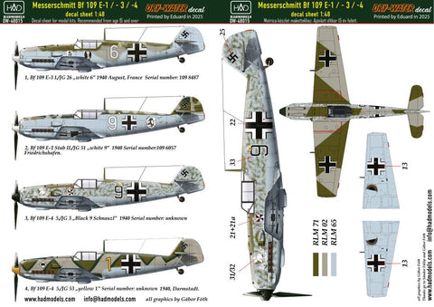HADモデル DW-48015 1/48 メッサーシュミット Bf 109 E-1; E-2;E-3 デカールシート