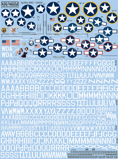 Kitsworld KW172244 1/72 This sheet includes nose-art, roundels, fin-flashes, lettering and numbers for the widely used MKVb Spitfire
