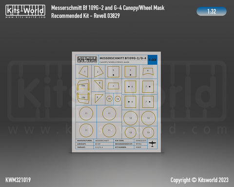 Kitsworld KWM321019 1/32 1:32 scale Canopy and Wheel Masks - Messerschmitt Bf 109G-2 and 4 (Revell 03829)