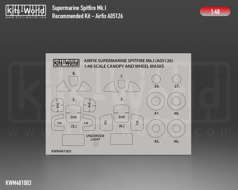 Kitsworld KWM481003 1/48 1:48 scale Supermarine Spitfire Mk.I Canopy/Wheels Mask Recommended Kit - Airfix A05126