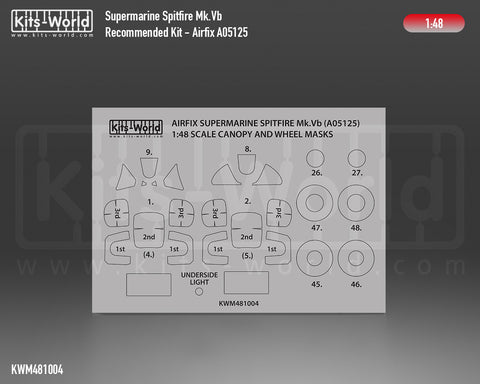 Kitsworld KWM481004 1/48 1:48 scale Supermarine Spitfire Mk.Vb Canopy/Wheels Mask Recommended Kit - Airfix A05125