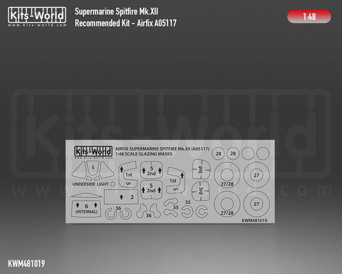 Kitsworld KWM481019 1/48 1:48 scale Spitfire MkXII Canopy/Wheel Masks - Recommended Kit - Airfix (A05117).