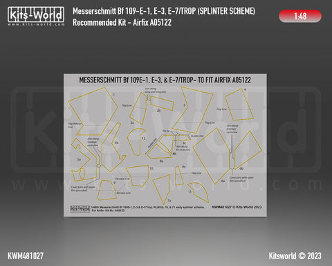 Kitsworld KWM481027 1/48 1:48 scale Messerschmitt Bf 109E-1, E-3, E-7- RLM 65, 70, and 71 Splinter Scheme. Early 1939-1940. For Airfix A05122.