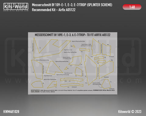 Kitsworld KWM481028 1/48 1:48 scale Messerschmitt Bf 109E-1, E-3, E-7- RLM 65, 70, and 71 Splinter Scheme. Simplified 1939-1940. For Airfix A05122.