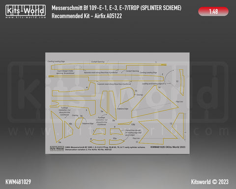 Kitsworld KWM481029 1/48 1:48 scale Messerschmitt Bf 109E-1, E-3, E-7- RLM 65, 70, 71 or 02 Splinter Scheme- Variation 2. For Airfix A05122.