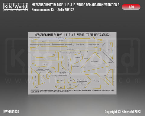 Kitsworld KWM481030 1/48 1:48 scale Messerschmitt Bf 109E-1, E-3, E-7- RLM 65, 70, 71 or 02 Splinter Scheme- Variation 3. For Airfix A05122.