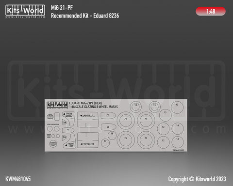 Kitsworld KWM481045 1/48 1:48 scale Mikoyan-Gurevich MiG-21PF Canopy/Wheel Masks Recommended Kit - Eduard 8236.