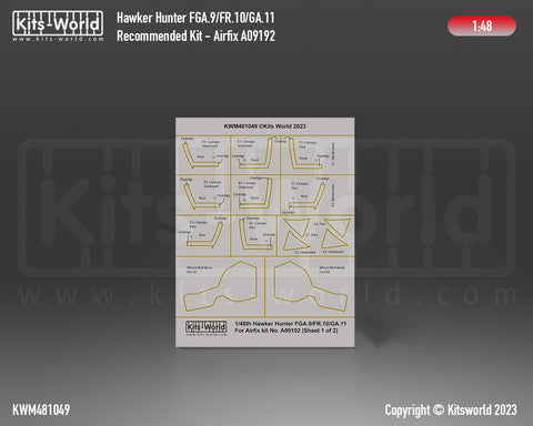 Kitsworld KWM481049 1/48 1:48 scale Hawker Hunter FGA.9/FR.10/GA.11 Canopy/Wheel Mask Set - Airfix (A09192).