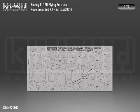Kitsworld KWM721002 1/72 1:72 scale Boeing B-17G Flying Fortress Canopy/Wheels Mask Recommended Kit - Airfix (A08017).