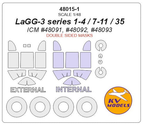 KVモデル 48015-1 1/48 LAGG-3 シリーズ 1-4 / 7-11 / 35 (ICM #48091, #48092, #48093) - 内外両面 + ホイール キャノピーマスキングシート