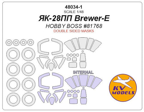 KVモデル 48034-1 1/48 Yak-28PP Brewer-E (ホビーボス #81768) - (内外両面) + ホイール キャノピーマスキングシート
