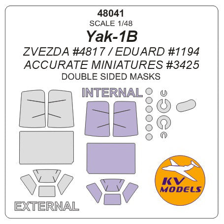 KVモデル 48041 1/48 Yak-1B - (ズベズダ #4817 / エデュアルド #1194 / Accurate Miniatures #3425) - (内外両面) + ホイール キャノピーマスキングシート