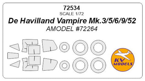 KVモデル 72534 1/72 デ・ハビランド ヴァンパイア Mk.3/5/6/9/52 (Aモデル #72264) +ホイール キャノピーマスキングシート