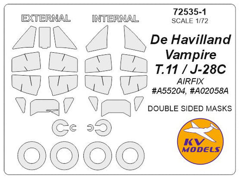 KVモデル 72535-1 1/72 デ・ハビランド ヴァンパイア T.11 / J-28C (エアフィックス) - 内外両面 masks +ホイール キャノピーマスキングシート