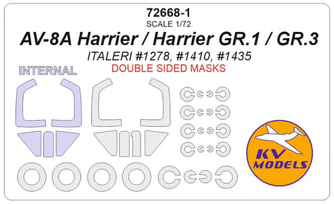 KVモデル 72668-1 1/72 AV-8A ハリアー / ハリアー GR.1 / GR.3 (イタレリ) - 内外両面 + ホイール キャノピーマスキングシート