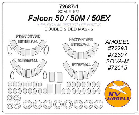 KVモデル 72687-1 1/72 ファルコン 50 / 50EX / 50M (Aモデル/SOVA-M) + 内外両面 and Prototype masks andホイール キャノピーマスキングシート