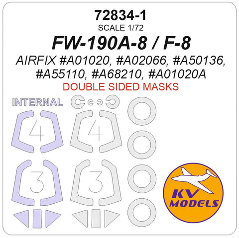 KVモデル 72834-1 1/72 FW-190A-8 / F-8 (エアフィックス #A01020, #A02066, #A50136, #A55110, #A68210, #A01020A) - (内外両面) + ホイール キャノピーマスキングシート
