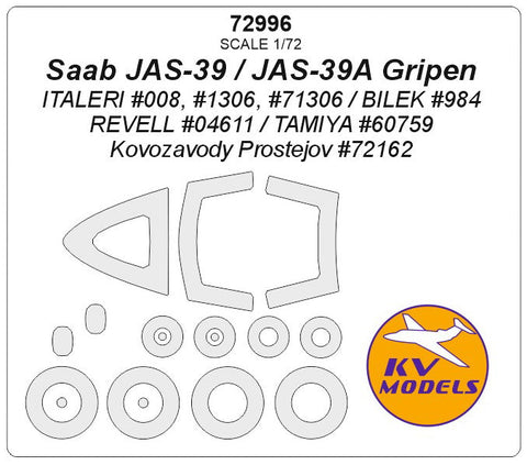 KVモデル 72996 1/72 サーブ JAS-39 / JAS-39A グリペン (イタレリ/レベル/タミヤ/BILEK/Kovozavody Prostejov) +ホイール キャノピーマスキングシート