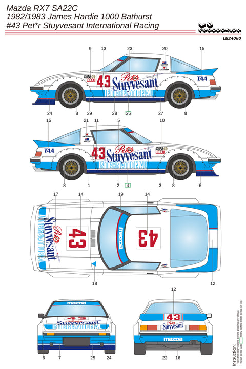 LBプロダクション 24060 1/24 マツダ RX7 SA22C #43 ピーターストイフェサント国際レーシング - James Hardie 1000 Bathurst 1982/1983