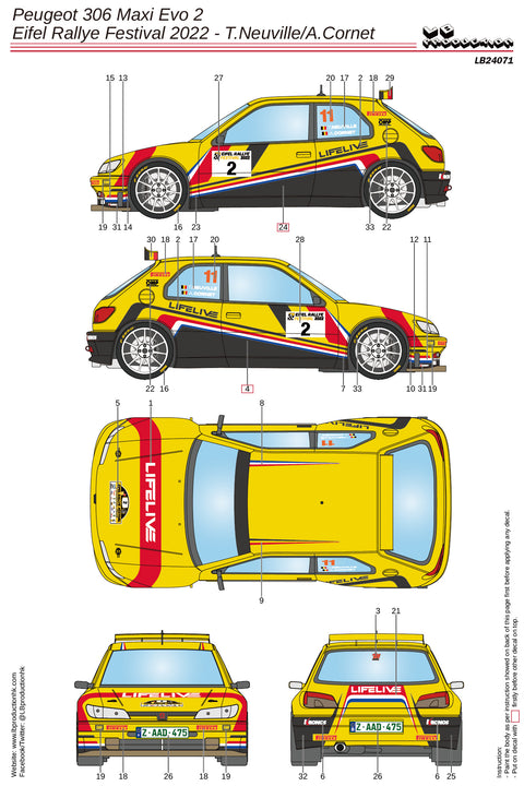 LBプロダクション 24071 1/24 プジョー 306 マキシ Evo 2 アイフェル・ラリー・フェスティバル 2022 - ティエリー・ヌービル/A.Cornet