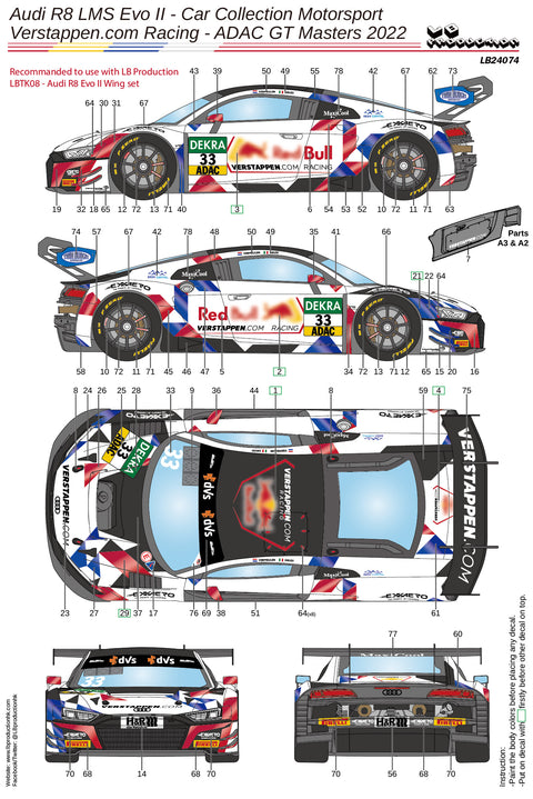 LBプロダクション 24074 1/24 アウディ R8 LMS Evo II - カーコレクション Motorsport Verstappen.com Racing - ADAC GT Masters 2022
