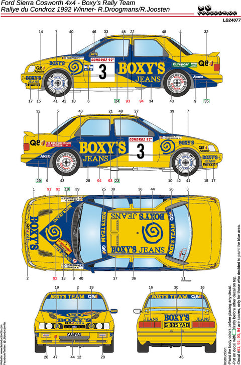 LBプロダクション 24077 1/24 フォード シエラ コスワース 4x4 - ボクシーズ ラリーチーム - ラリー・デュ・コンドロ 1992 優勝- R.Droogmans/R.Joosten