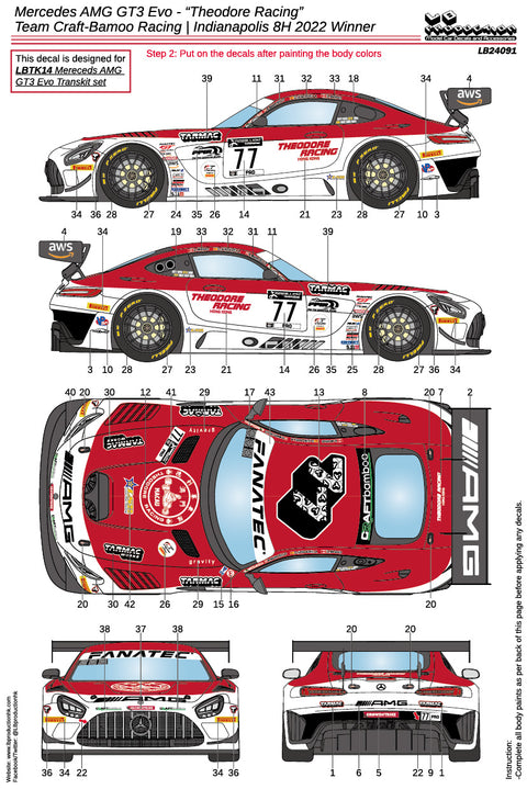 LBプロダクション 24091 1/24 メルセデスAMG GT3 Evo "セオドールレーシング" チームクラフトバンブーレーシング - インディアナポリス8時間 2022 優勝