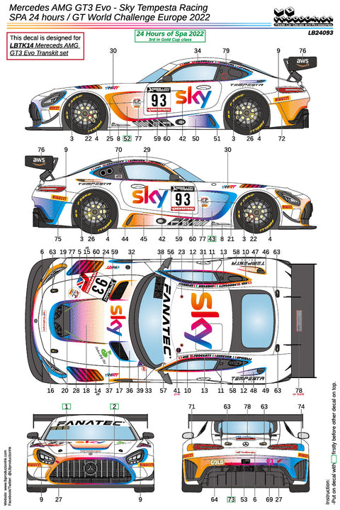 LBプロダクション 24093 1/24 メルセデスAMG GT3 Evo スカイテンペスタレーシング - GTワールドチャレンジ ヨーロッパ/ スパ24時間 2022