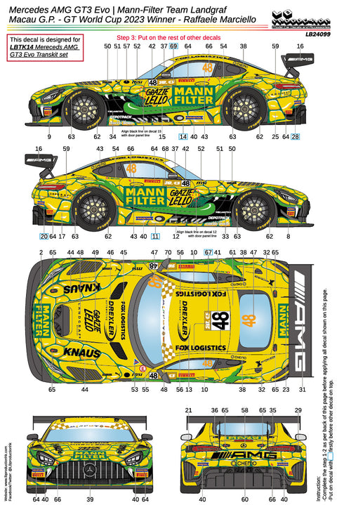 LBプロダクション 24099 1/24 メルセデスAMG GT3 Evo | Mann-Filter Team Landgraf Macau G.P. - GT World Cup 2023 Winner - Raffaele Marciello