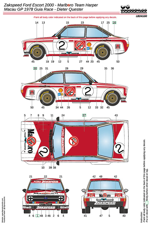 LBプロダクション 24100 1/24 ザクスピード フォード エスコート 2000 - マルボロ・チーム・ハーパー - Macau GP 1978 Guia Race - Rieter Quester