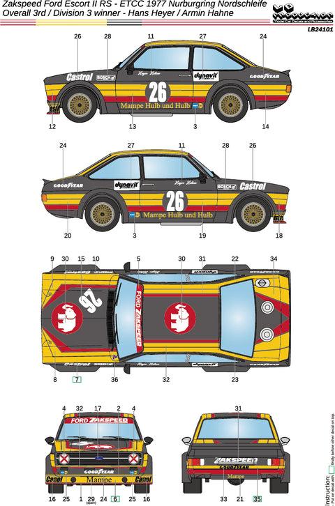 LBプロダクション 24101 1/24 ザクスピード フォード エスコート II RS - ETCC 1977 Nurburgring Nordschieife - Overall 3rd/Division 3 winner - Hans Heyer/ Armin Hahne