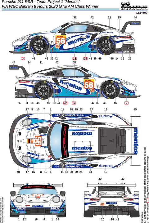 LBプロダクション 24107 1/24 ポルシェ 911 RSR - チームプロジェクト1 "メントス" - FIA WEC バーレーン8時間 2020 GTE AMクラス 優勝