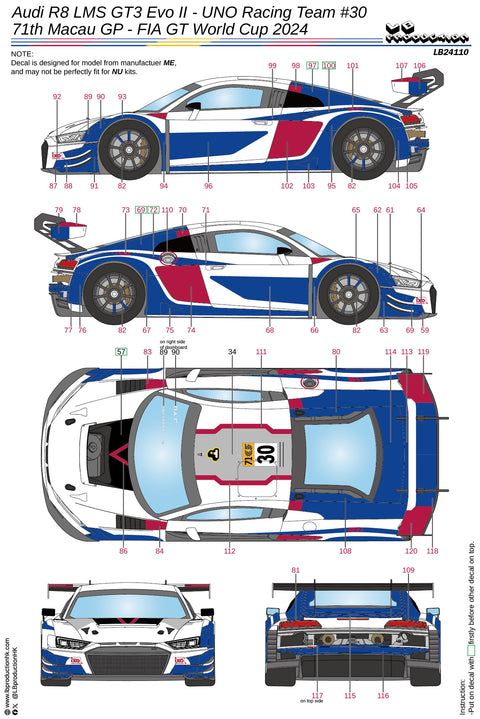 LBプロダクション 24110 1/24 アウディ R8 LMS GT3 Evo II - ウノレーシングチーム #10 - 第71回マカオG.P GTワールドカップ 2024