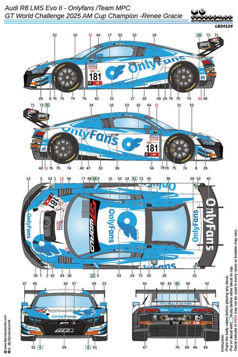 LBプロダクション 24124 1/24 アウディ R8 LMS Evo II - オンリーファン /チームMPC - GTワールドチャレンジ 2025 AMカップ チャンピオン -Renee Gracie