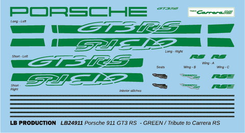 LBプロダクション 24911grn 1/24 ポルシェ 911 GT3 RS カスタマイズデカール - グリーン / TRIBUTE TO カレラRS