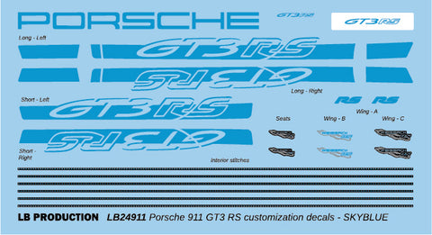 LBプロダクション 24911sky 1/24 ポルシェ911 GT3 RS カスタマイズデカール - スカイブルー