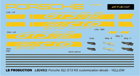LBプロダクション 24911ylw 1/24 ポルシェ 911 GT3 RS カスタマイズデカール - イエロー